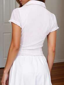 Womens Button Down Shirt - Slim Fit Ruffled Trim V Neck Short Sleeve Blouse For Summer Casual - 白色 - 查看 4