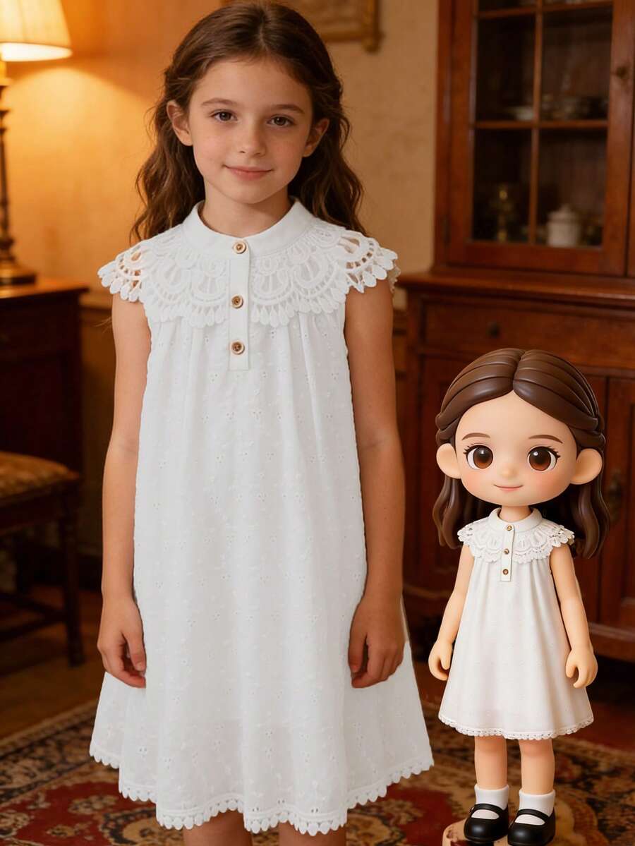 4-7岁女童连衣裙，甜美蕾丝边立领刺绣半开襟A字裙，适合春夏休闲穿着、派对、生日等场合 - 白色 - 查看 1