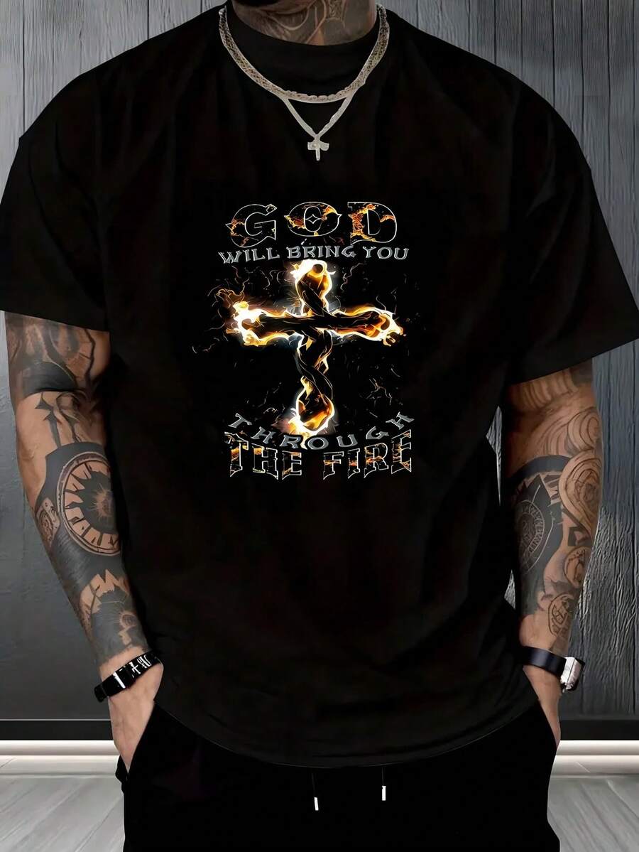 Camiseta Hombre, Cruz, Diseño Rockero Religioso, Estilo Alternativo, Eventos Informales o Conciertos, Jóvenes con Estilo, 2026, Ropa de Calle, Mensaje Inspirador, Camiseta de Gráfico,playera de hombre,ropa de hombre,playeras,parejas,envio nacional,regalo para hombre,oversize hombre. - Negro - Ver 1