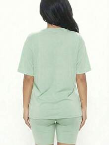 2pcs Loose Fit Top & Biker Shorts Set For Women, Solid Color Round Neck Machine Washable Comfy Basic Loungewear Sets For Summer Spring Fall - Green Bay - View 3