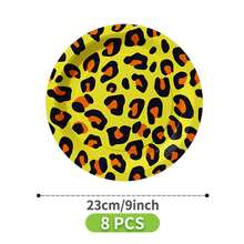 黄色豹纹一次性餐盘、餐巾纸、杯子套装，派对用品，可供8位客人使用，一次性纸盘，派对餐具，适合生日、婚礼、主题派对、家庭野餐等场合。 - 彩色 - 查看 9