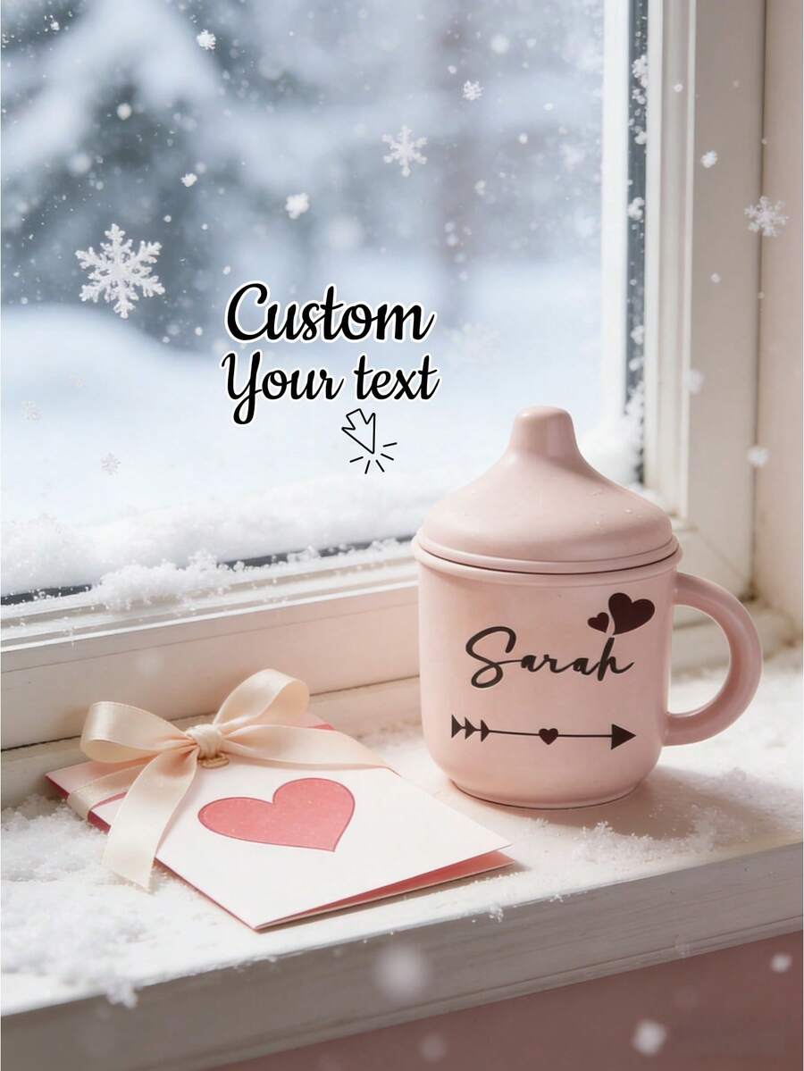1Pc Personalized Valentine's Day Silicone Cup – Custom Name Dual-Ear Design Mug, Cute Couple Style, Romantic Valentine's Gift, Sweet Love Drinkware Keepsake - Multicolor - View 1