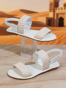 1 Pair White Soft PU Toddler Girls Flat Sandals, Classic One-Strap Woven Design, Round Toe, Fashionable & Cute, Lightweight Roman Sandals Suitable For 3-15 Years Old Girls, Daily, Party, Casual, Spring/Summer 2026 - Beige - View 3