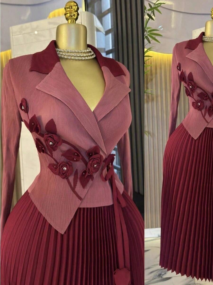 Elegant Pleated Dress For Women, Long Dress With A Suit Collar, Plus-Size Women's Fashionable And Stylish Pleated Dress With A Cinched Waist - 紅色 - 查看 1