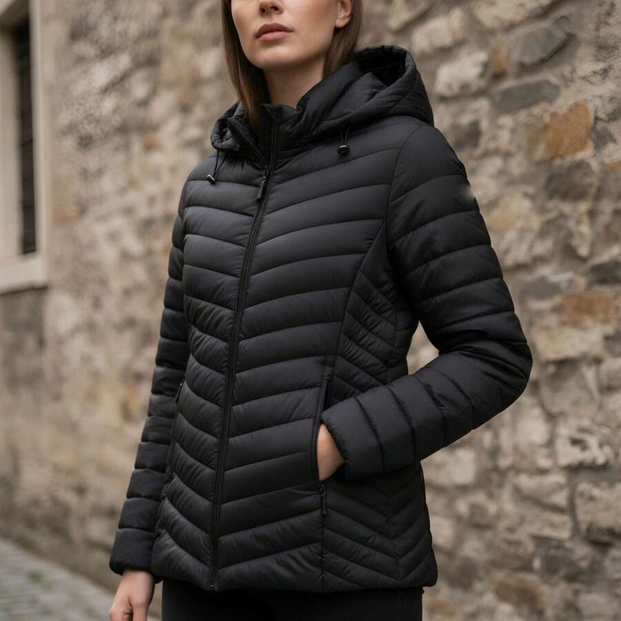Women's Quilted Jacket With Detachable Hood, Lightweight, Zipper Design, Practical, Slim Fit, Please Check Size Chart - Black - View 1