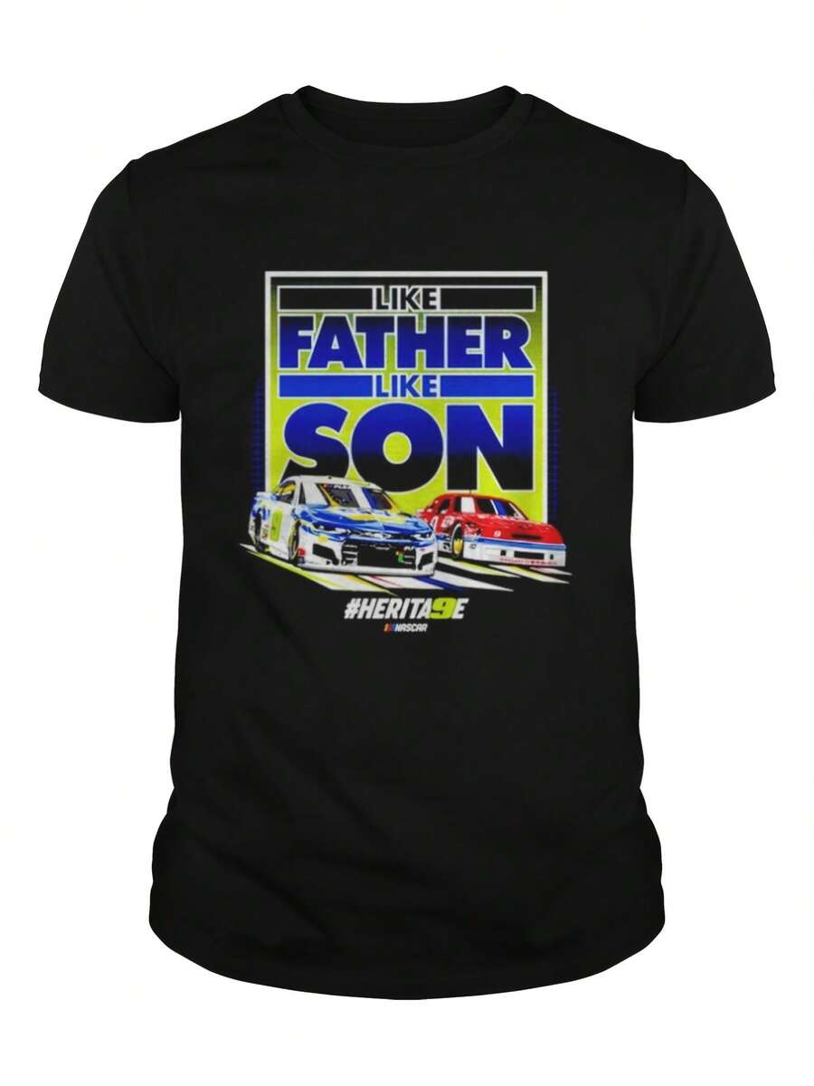 Chic Essential Black Short Sleeve T-Shirt With Racing Car Pattern (LIKE FATHER LIKE SON Words).Suitable For Spring And Summer Wear, T-Shirt Is A Casual And Chicy Short-Sleeved Top.Suitable For Spring And Summer Wear, T-Shirt Is A Casual And Chicy Short-Sleeved Top - Black - View 1