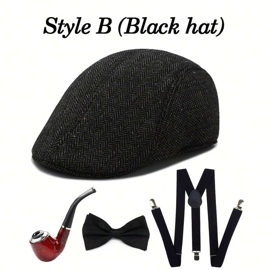 4 件套，盖茨比黑帮配饰，男士服装贝雷帽套装，吊带背心，领带，男士帽子，适合装饰派对、聚会和男士黑帮舞会。 - 彩色 - 查看 1