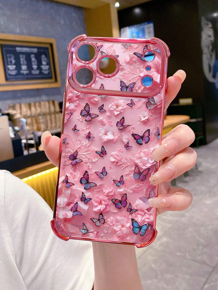1pc Floral Butterfly Anti-Fall Electroplated Camera Protective Phone Case, UV Printed Compatible With IPhone/ Galaxy/Infinix/Compatible With Redmi/OPPO/VIVO/Realme - Pink - View 1