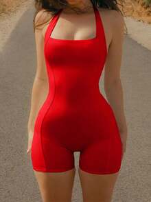 Mystra纯色无肩带无袖修身连体裤，夏季 - 紅色 - 查看 4