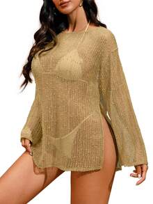 Womens Swimsuit Crochet Cover Up Sexy Boat Neck Bathing Suit Summer Long Sleev Beach Dress Coverup Bikini - Màu Khaki - Xem 2