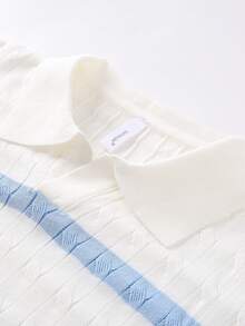 1件男士蓝白条纹短袖V领绞花针织休闲Polo衫，春季休闲服饰 - 淺藍色 - 查看 5