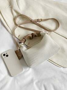 时尚迷你简约全套褶皱编织PU拉链手提包，迷你便携单肩包，适合女性，购物、约会、聚会、送礼皆宜。 - 白色 - 查看 2