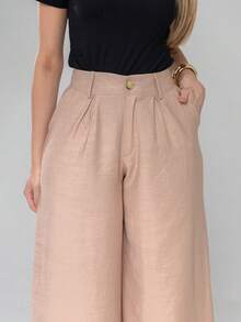 Women's Tailored Wide-Leg Trousers With Side Pockets, Buttons, And Zipper - Elegant, Formal, And Office Wear - 米色 - 查看 6