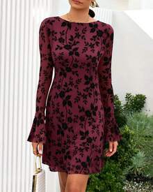 Women's 2026 Spring Floral Wedding Guest Dress Long Sleeve Crew Neck Flowy Party Cocktail Mini Dress - Floral Wine Red Black - View 6