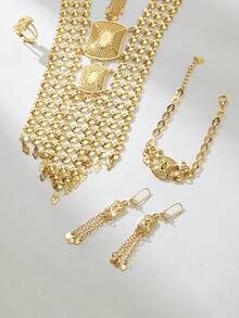Mgyi 18K镀金奢华复古女士首饰套装，优雅方形设计，包含项链、耳环、手链和戒指，适合尼日利亚、迪拜、中东、沙特阿拉伯新娘婚礼、日常佩戴、周年纪念礼物、万圣节礼物等。 - XSJT-258 - 查看 1