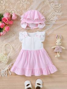 1件女婴可爱时尚休闲荷叶袖纹理面料拼接粉白格子短袖连衣裙，带可拆卸连帽披肩，春夏款 - 粉色 - 查看 3