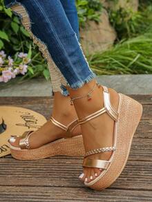 1 đôi sandal đế cao mùa hè dành cho tuổi teen, kiểu dáng tối giản thời trang, màu trơn, bề mặt bóng, đế dày, thoải mái, thích hợp cho đi làm hàng ngày, đi nghỉ mát, đi biển, sandal cao gót nhẹ. - Vàng - Xem 7