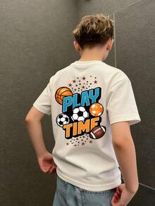 Camiseta de cuello redondo de manga corta con estampado informal para niños preadolescentes, top de verano - Albaricoque - Ver 9