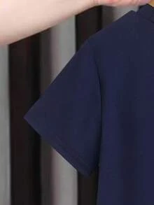 Vestido casual de niña con cuello redondo, manga corta, estampado de corazones y mariposas, y dobladillo irregular con volantes, para primavera/verano - Azul Marino - Ver 6