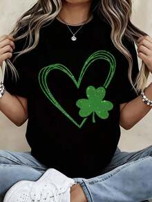 St Patrick's Day Green Heart And Clover T-Shirt Women's Festive Shamrock Design White Crewneck Top For St Patrick's Day Celebration - 黑色 - 查看 7