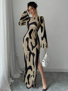 Vestido con estampado de patrones, diseño cruzado sin espalda y abertura lateral, elegante y de moda para mujeres,adecuado para uso diario y citas, se puede combinar con un abrigo. - Albaricoque - Ver 5