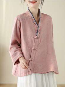 Blusa holgada casual Hanfu de manga larga con botones bordados de estilo retro chino para mujer - Rosa - Ver 4