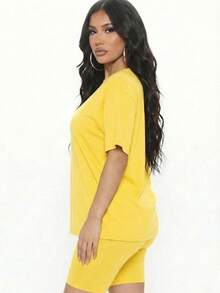 2pcs Loose Fit Top & Biker Shorts Set For Women, Solid Color Round Neck Machine Washable Comfy Basic Loungewear Sets For Summer Spring Fall - 黃色 - 查看 2