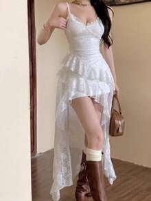 夏季V领荷叶边下摆甜美柔软不规则优雅Y2K性感女士生日派对夜店迷你紧身露背连衣裙，女士假日晚宴蕾丝吊带裙，时尚仙女裙设计 - 白色 - 查看 6