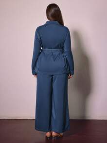 Sollinarry Conjunto de 2 piezas talla grande para mujer, chaqueta de camisa de manga larga con botones y cinturón, y pantalones de pierna ancha, conjunto casual elegante adecuado para trabajo, compras, vacaciones y enseñanza en primavera - Azul Marino - Ver 9