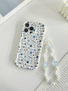 Floral Painted Cream Wavy Edge Glossy Printed Protective Phone Case With Handmade Beaded Bracelet Accessory, Compatible With IPhone, Compatible With Galaxy, Compatible With Redmi,International Version, Not The Domestic Version - Multicolor - View 4