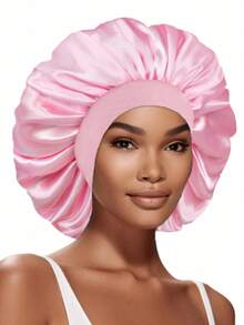 1pc/2pcs Silk Sleep Cap, Satin Sleep Hat, Soft Elastic Silk Hair Bonnet, Suitable For Curly Hair (Black And Pink) - Multicolor - View 6