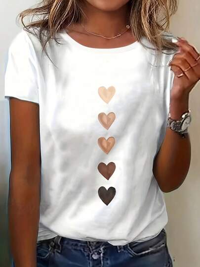 Women's Chic ombre Heart Pattern T-Shirt - Soft Polyester & elastane Blend, Crew Neck, Short Sleeve Vintage-inspired Machine Washable Perfect for Summer Tee