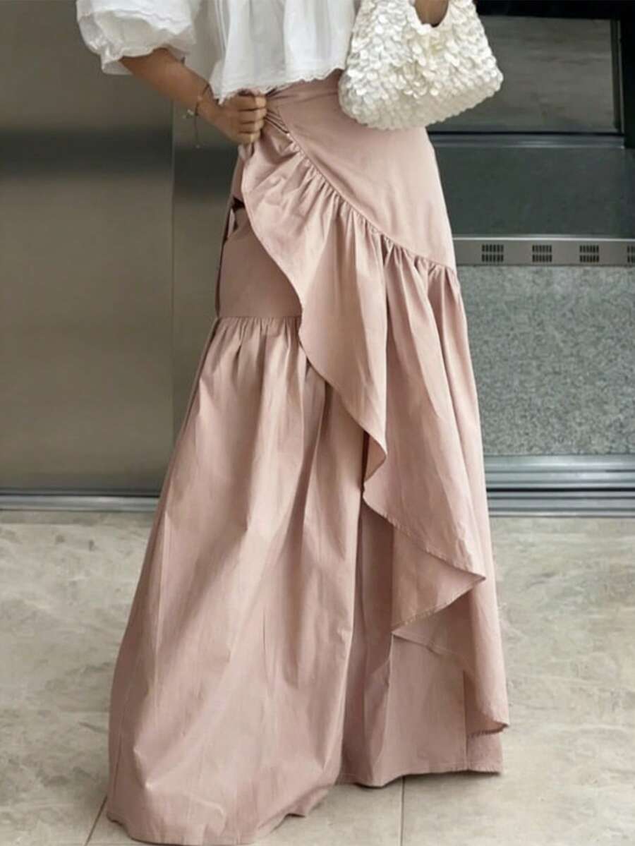 女士时尚休闲复古简约浪漫纯色百搭不对称半身裙粉色春季 - 粉色 - 查看 1