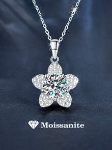 1pc Elegant Luxury 925 Sterling Silver 1 Carat 6.5mm Moissanite 5-Star Flower Necklace, Suitable For Women's Daily Wear, Party, Holiday, Valentine's Day, Mother's Day, Wedding Anniversary, Women's Jewelry Gift - XL0108M - View 1