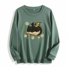 Women'S Black Fantasy Dragon On Book Graphic Sweatshirt - Cozy Pullover With Floral & Starry Night Design, Soft Round Neck Long Sleeve Casual Sweater For Book Lovers & Dragon Enthusiasts, Spring/Fall Literary Inspired Apparel, Fall Sweatshirt For Women, Fall Clothe For Women, Women' Sweatshirt, Sweater For Women, Women Fall Clothe - 軍綠色 - 查看 10