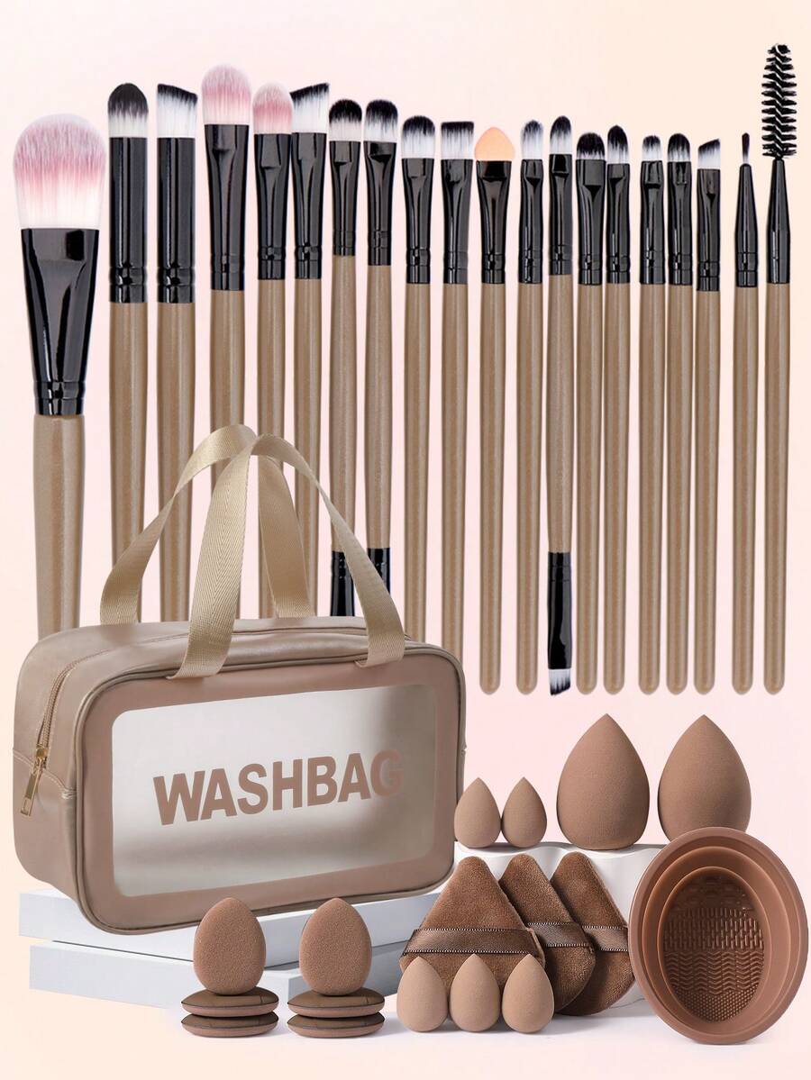 38件套化妆工具套装，包含：20支化妆刷套装+1个多功能防水拉链化妆包+5个迷你化妆海绵+2个化妆海绵+6个迷你气垫粉扑+3个三角粉扑+1套化妆刷清洁工具，一应俱全，新手友好 | 方便旅行携带，送礼佳品 | 新手/女性的完美之选 - 彩色 - 查看 1