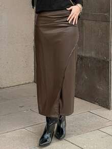 DAZY Women's Solid Color Asymmetric Design Casual Skirt,Pencil Skirt Leather Skirt - Coffee Brown - View 6