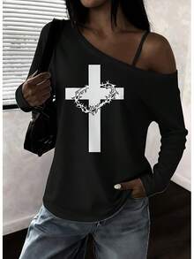 Off - Shoulder Black Long - Sleeve Top With White Cross & Crown Of Thorns Design, Light Blue Denim Jeans Outfit - Casual Women's Clothing Set For Daily Wear, Shopping, Or Casual Occasions - Black - View 1
