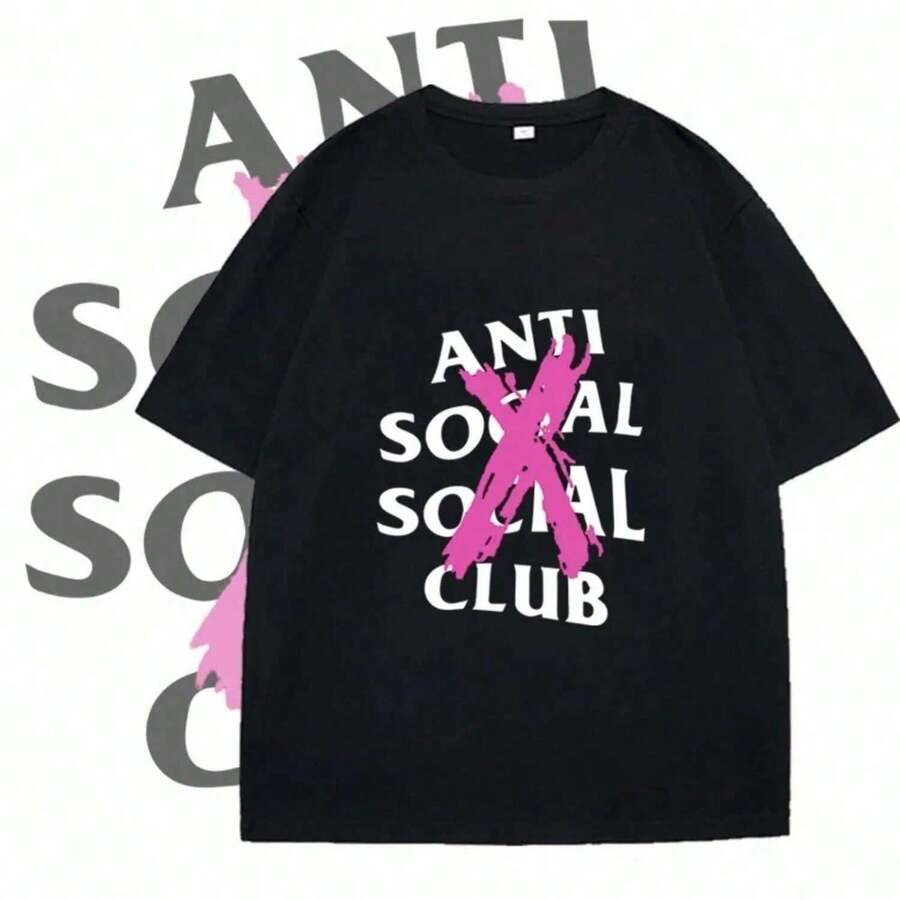 2025 Letter A-Anti S Social C-Club Printed T Tops Loose Short Sleeves Harajuku Man Clothes Summer Sport T Shirt Casual Tees - Black - View 1
