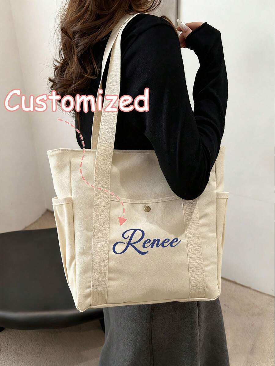 1 chiếc túi tote vải canvas có thể tùy chỉnh tên, túi đeo vai đa năng dành cho học sinh, túi đựng laptop dung tích lớn, túi đeo chéo thời trang, túi xách du lịch thông thường, túi đeo vai màu trơn tối giản dung tích lớn. - Nhiều màu - Xem 1