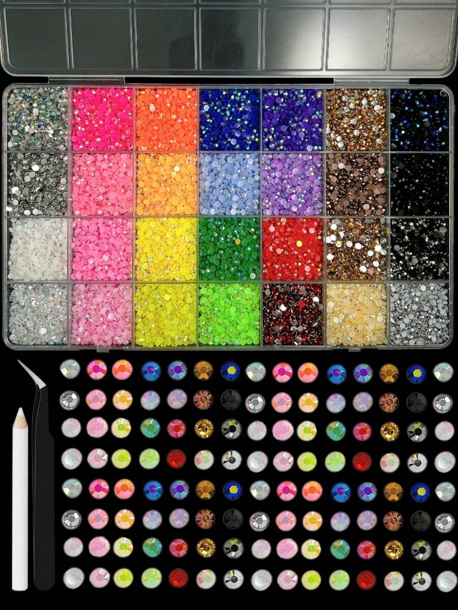 1 Box 3mm Colorful Crystal Rhinestones, 3D Round Flat Shiny Diamond Tweezers Pen, Suitable For Nail Art, Crafts, Clothing Decoration, DIY - Multicolor - View 1