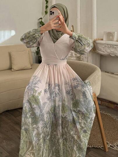 Livesso 波西米亚风格女士方领碎花连衣裙、婚礼连衣裙、秋季连衣裙长袖连衣裙