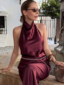 HUACAITA 优雅法式高端垂褶领露背无袖真丝缎面清凉休闲吊带背心，适合约会、派对、情人节、度假等场合，春夏款 - 酒紅色 - 查看 7