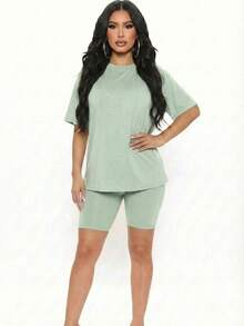 2pcs Loose Fit Top & Biker Shorts Set For Women, Solid Color Round Neck Machine Washable Comfy Basic Loungewear Sets For Summer Spring Fall - Green Bay - View 4