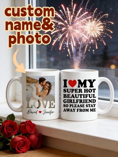 1Pc Custom Photo Name Mug – Personalized 2-Sided Couple Design, Funny Romantic Quote Style, Custom Mug, Valentine's Day Gift, Perfect For Boyfriend,Girlfriend, Husband,Wife, Anniversary, Birthday, Coffee & Tea Time, Daily Use, Special Occasions