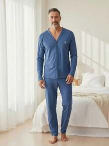 Men's Open Button Pajamas With Long Sleeves And Long Pants For Winter Post-Surgical Use In Knit Fabric - Blue - View 1