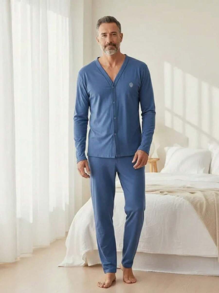 Men's Open Button Pajamas With Long Sleeves And Long Pants For Winter Post-Surgical Use In Knit Fabric - Blue - View 1