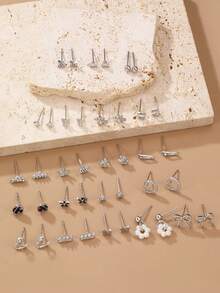 Bộ 20 đôi bông tai đính đá pha lê hình nơ, trái tim, ngọc trai giả, hoa thời trang dễ thương, quà tặng cho bé gái. - Bạc - Xem 3