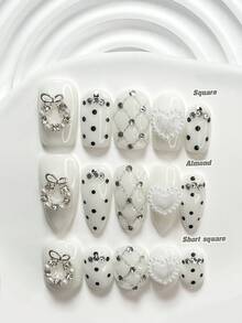 10pcs Simple Dot Nail Stickers, Acrylic Pressed Nail Stickers, Shiny White Heart-Shaped, Rhinestone Hollow Bow Nail Decorations, Hand-Painted Black Dots, Silver Grid Lines, White Nail Polish, Includes Nail Tools (1 Jelly Sticker + 1 Nail File), Available In 3 Sizes: Square, Almond, Short Rectangle, Suitable For Office, Travel, Party, Daily Manicure Nails - Nhiều màu - Xem 1