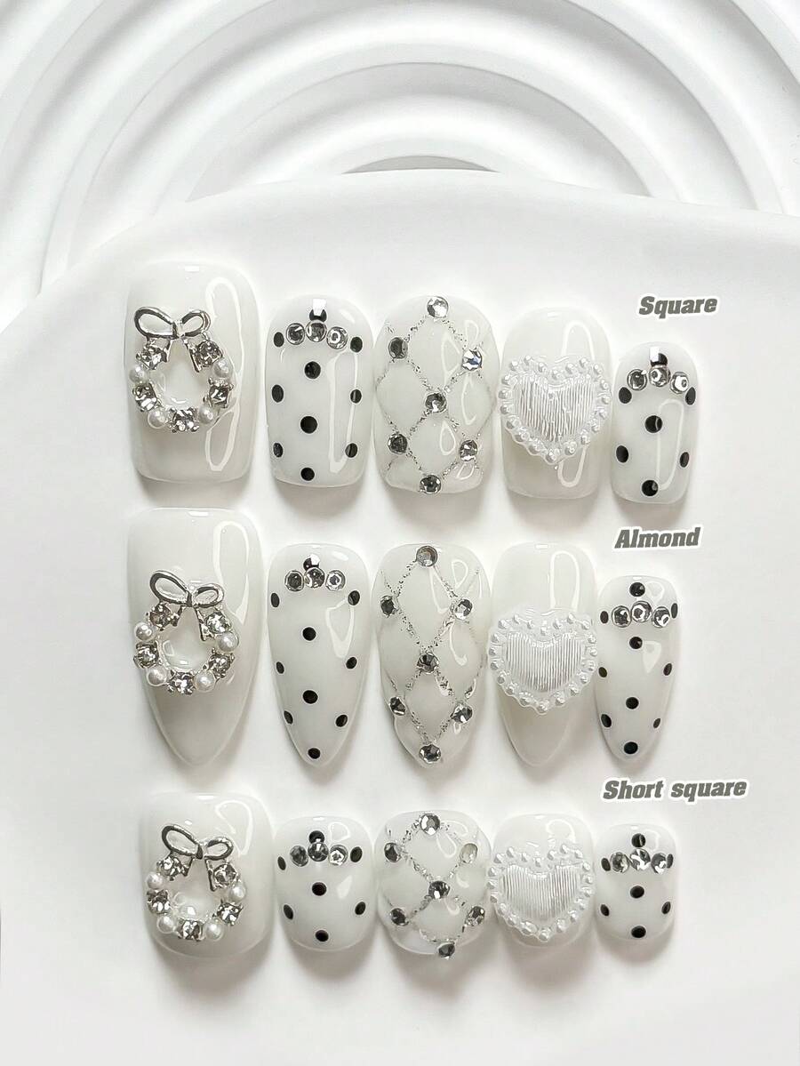 10pcs Simple Dot Nail Stickers, Acrylic Pressed Nail Stickers, Shiny White Heart-Shaped, Rhinestone Hollow Bow Nail Decorations, Hand-Painted Black Dots, Silver Grid Lines, White Nail Polish, Includes Nail Tools (1 Jelly Sticker + 1 Nail File), Available In 3 Sizes: Square, Almond, Short Rectangle, Suitable For Office, Travel, Party, Daily Manicure Nails - Nhiều màu - Xem 1